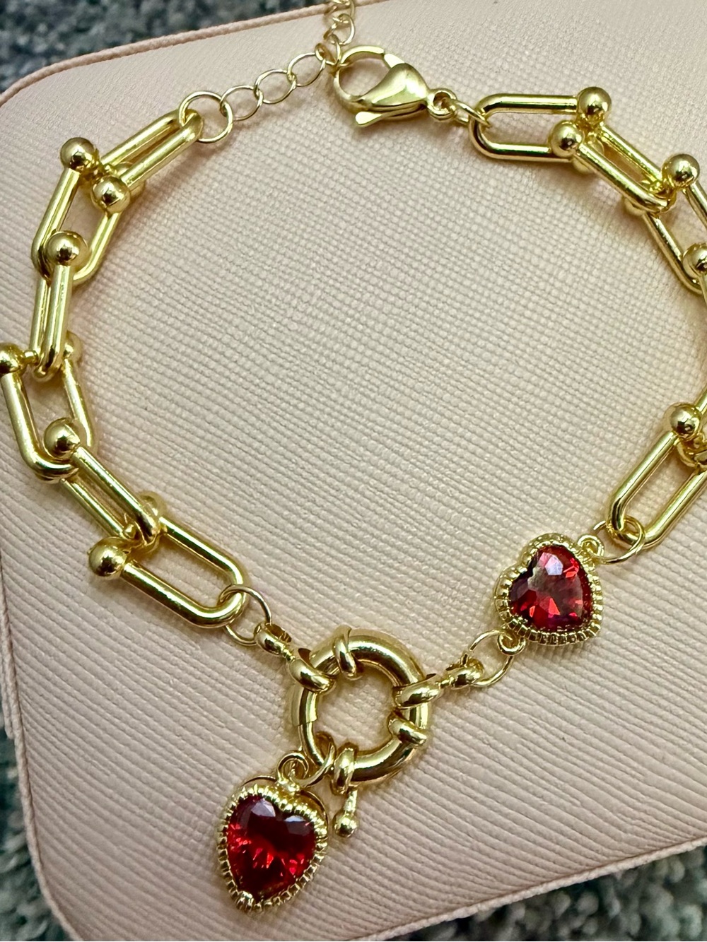 NEW! 18k Yellow Gold Plated Chain Bracelet with Red Heart Crystal Charms